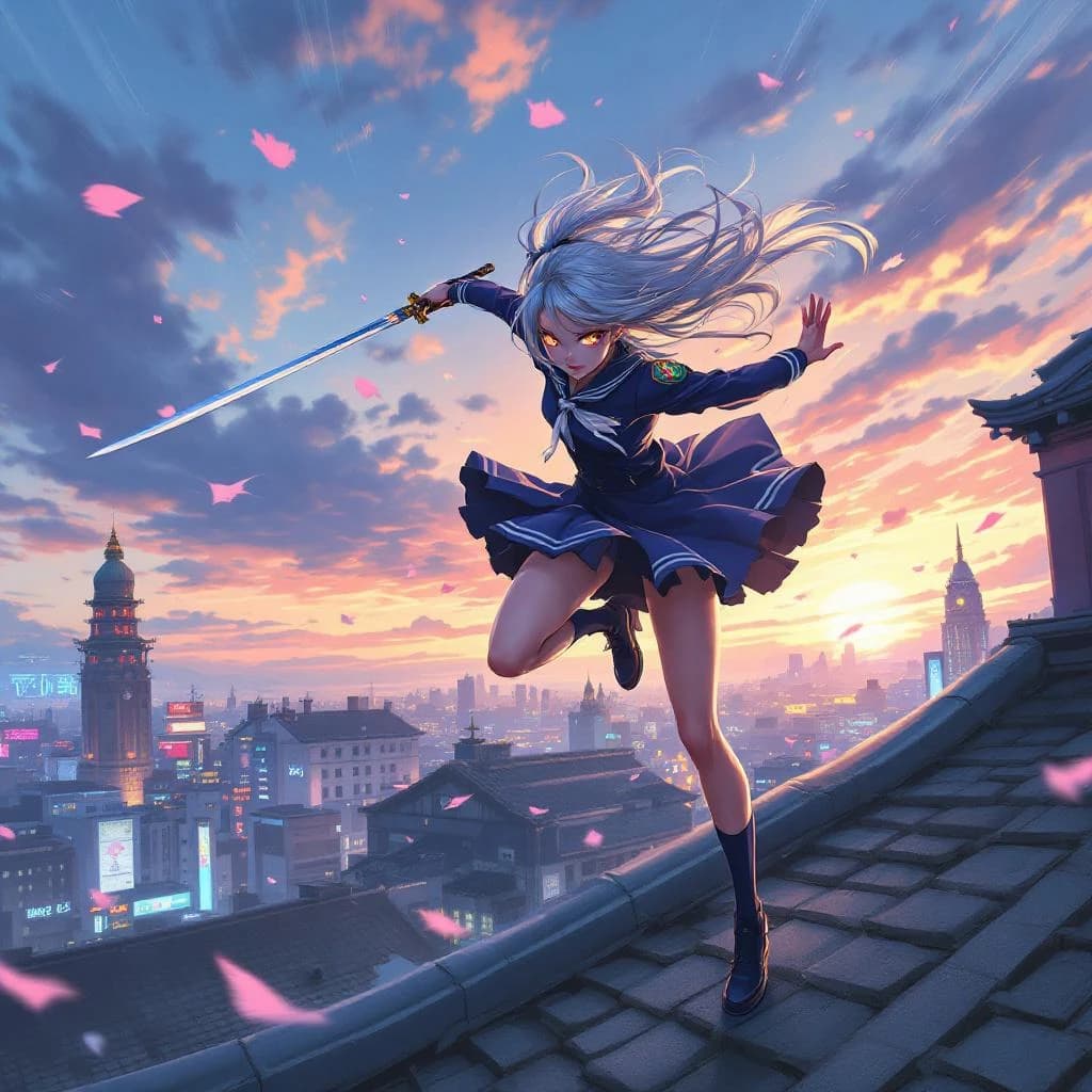 Wind-swept rooftop at dusk, a silver-haired swordswoman in a navy school uniform leaps, luminous eyes, cel shading, cherry blossoms swirl, neon city, dynamic angle, speed lines.