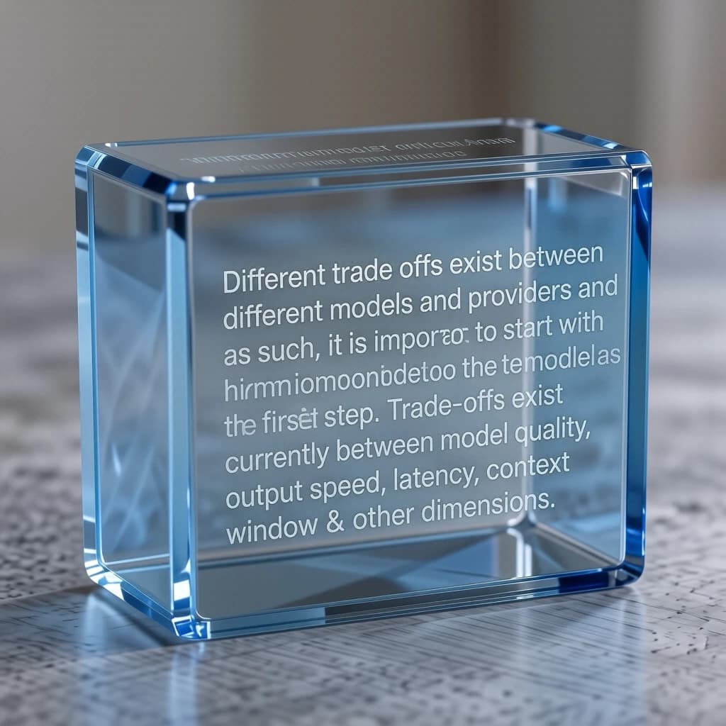 In a clear transparent blue glassy rounded box, etch "Different trade offs exist between different models and providers and as such, it is important to start with how you intend to use the model as the first step. Trade-offs exist currently between model quality, price, output speed, latency, context window & other dimensions. " in sans serif medium weight text. Artificial Analysis is watermarked over the top right 