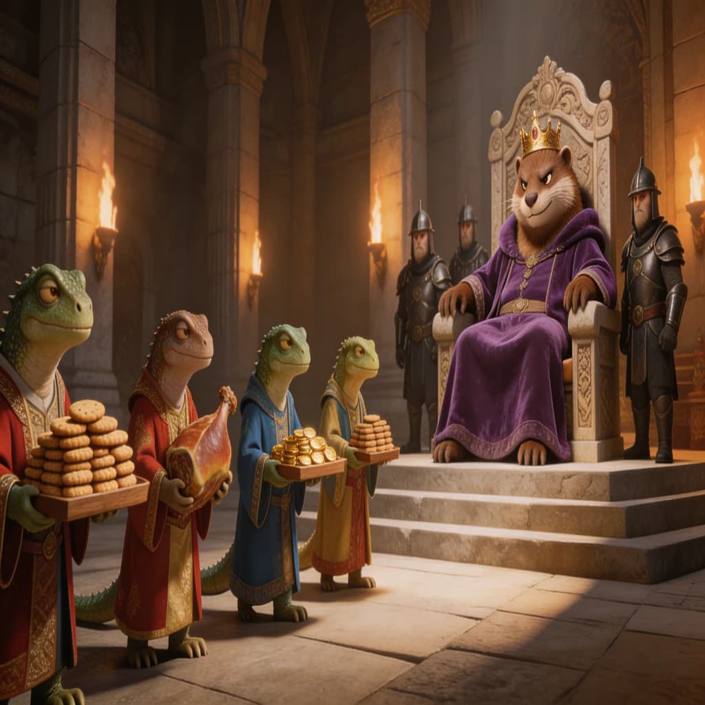 Big Weasel, the tyrannical ruler of the Levitus, slouches on his throne, his mood foul but somewhat brightened by the sight of gifts - a wearisome group of lizard traders adorned in fine silks proceed toward him through the hall with their annual tribute of biscuits, ham and gold - Big Weasel's favourites. Big Weasel's entourage looks on with stern approval.