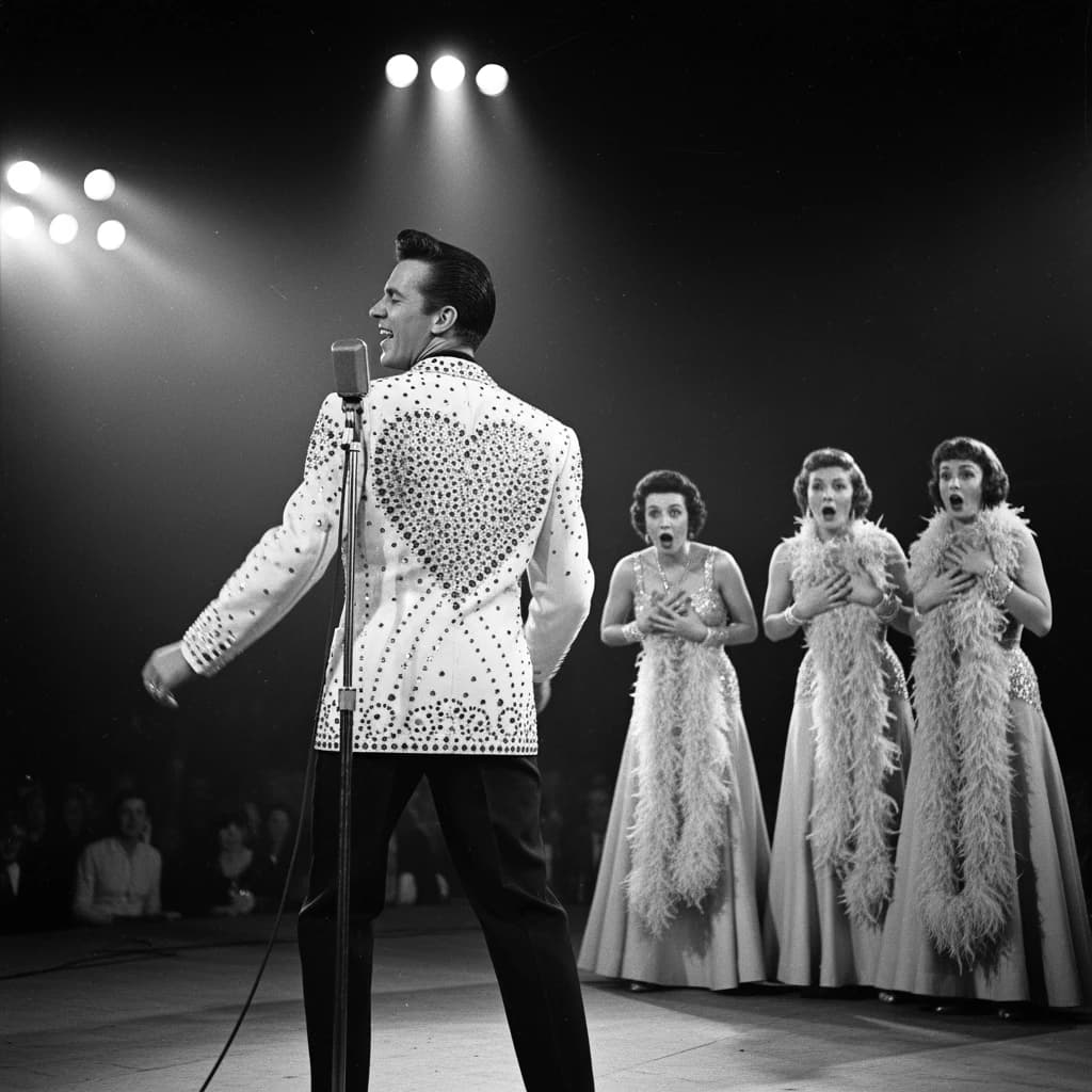 An archival image from 1953 of the rock singer swinging his hips on the stage while glamorous back up singers feign shock at his gyrations! He wears a diamond encrusted jacket with the stones arranged in the shape of a heart