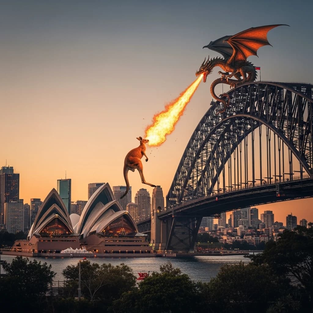 A dragon breathes fire at a kangaroo that is running away by climbing over the top of the Sydney Harbour Bridge. Opera House visible in the background.
