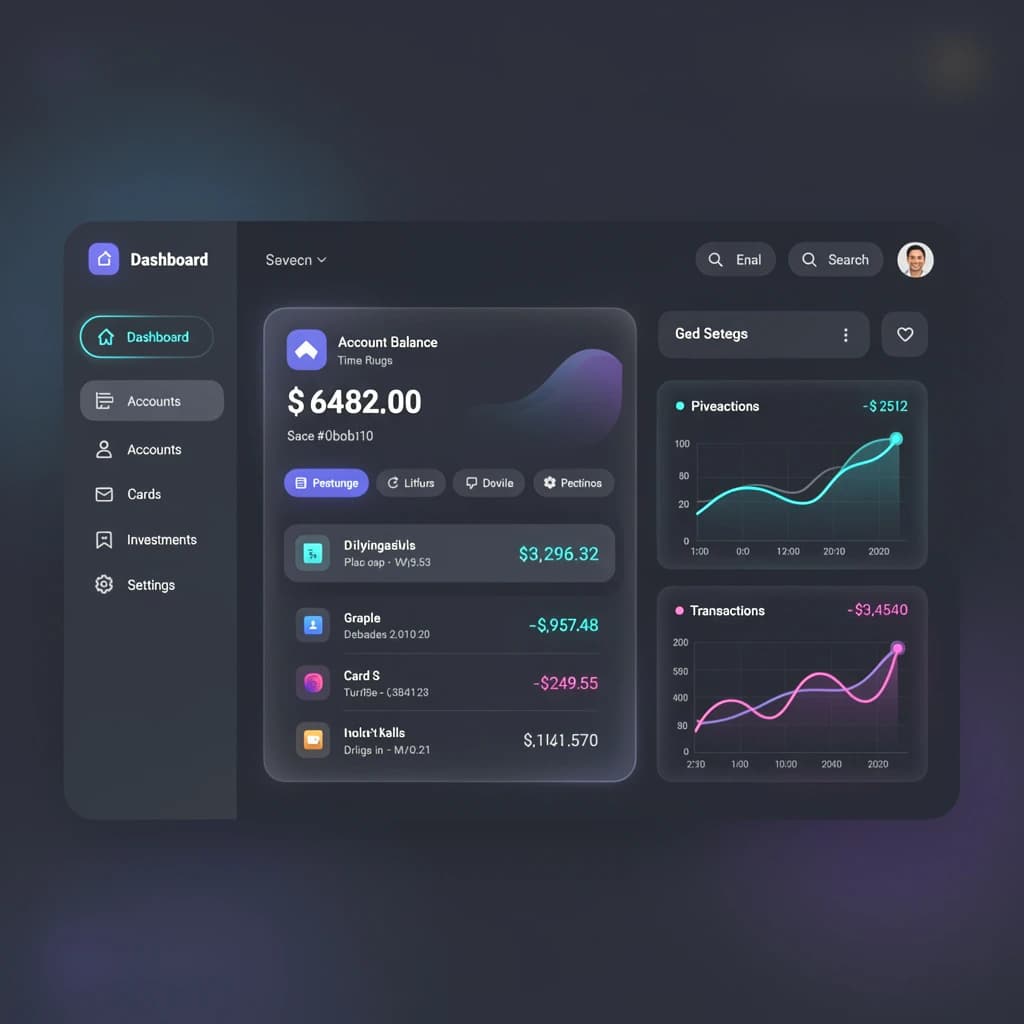 Dark mode banking dashboard with glassmorphism.