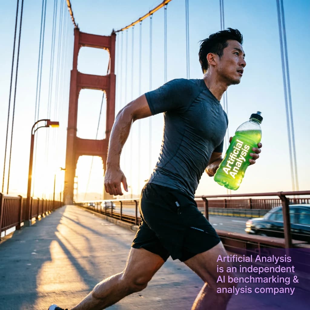 A runner dashes across the Golden Gate Bridge at dawn, sunlight streaming between cables. In their hand, they carry a neon-green sports drink with the brand name Artificial Analysis splashed boldly across the bottle. Motion blur emphasizes speed, while crisp purple sans serif typography overlays the bottom right of the scene with the tagline: Artificial Analysis is an independent AI benchmarking & analysis company