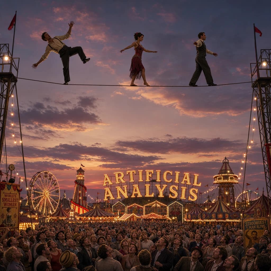 At dusk, high above a carnival crowd, three tightrope walkers balance on a single rope with no aids, one is off balance and grabbing at air. Below, the audience looks upward with baited anticipation. Artificial Analysis is spelled out in the background in carnival lights
