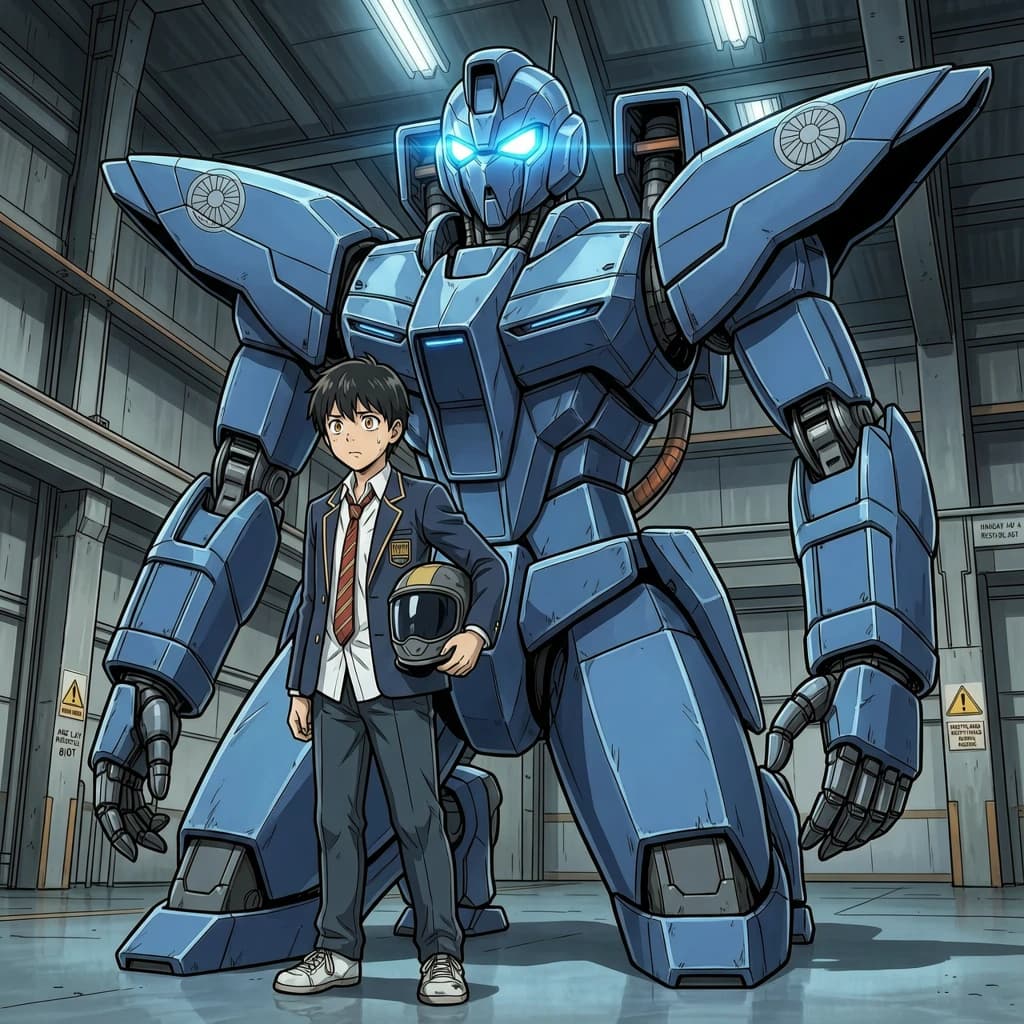 A teenage pilot grips his helmet under one arm, standing at the edge of a glowing hangar bay. Before him looms a sleek, steel-blue mech, its eyes lit with a cold electric glare. His school uniform is rumpled, a sharp contrast to the machine’s flawless plating. The vast scale engulfs him in shadow, emphasizing both awe and dread. Hand-drawn anime style.