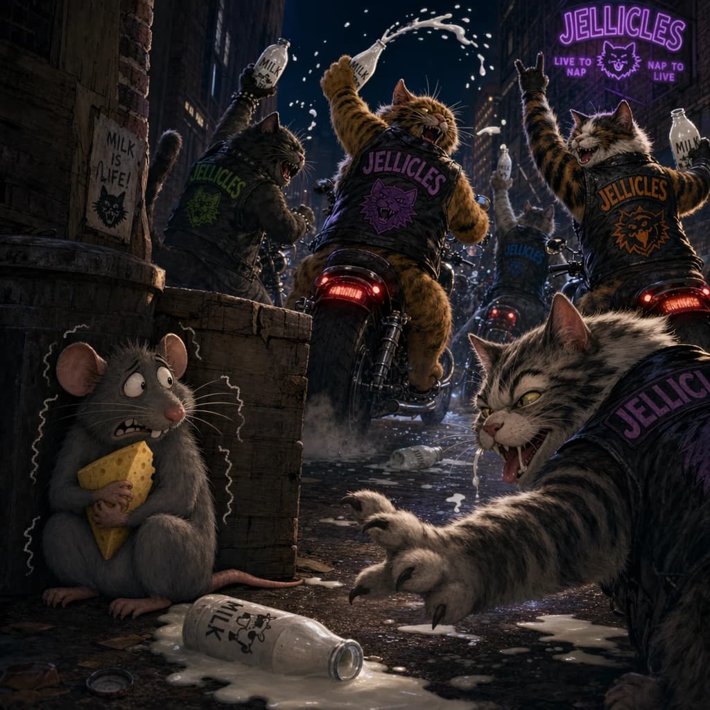 The cartoon rat clenches his thin wedge of cheese and trembles in fear as he hides from the menacing Jellicles, the roaming cat motorcycle gang, all wearing their colors with the name on the back. The cats have all drunk far too much milk and are causing a big ruckus! One cat is close to finding the rat