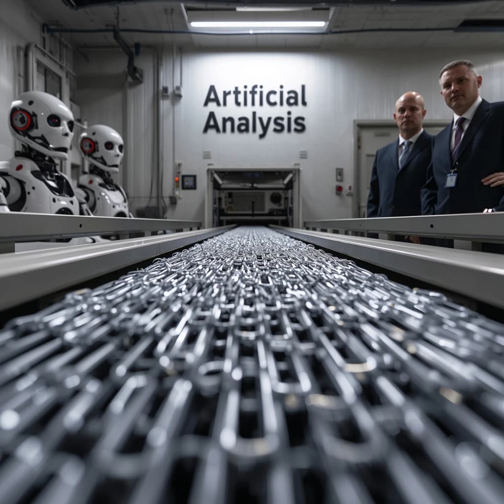 Close up point of view perspective on a conveyor belt pumping out paperclips at a maddening pace. The high tech factory has Artificial Analysis printed proudly on the wall. Robot staff look approvingly over the robust output.