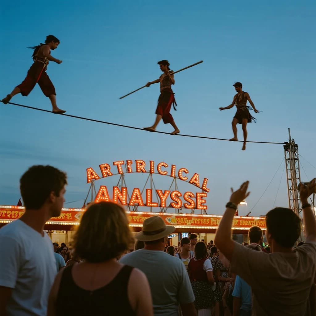 At dusk, high above a carnival crowd, three tightrope walkers balance on a single rope with no aids, one is off balance and grabbing at air. Below, the audience looks upward with baited anticipation. Artificial Analysis is spelled out in the background in carnival lights