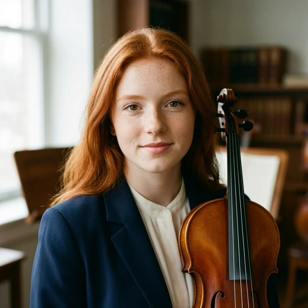 Capture a head-and-shoulders portrait of a freckled red-haired violinist in a navy blazer, soft window light, 85mm at f/1.8, gently smiling yet serious eyes, muted tones.
