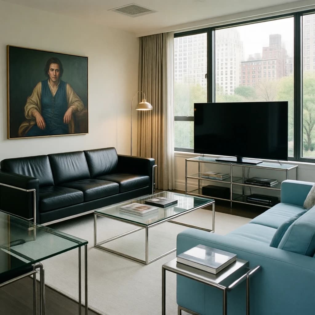 My apartment overlooks Central Park. It’s very luxurious, very expensive, and the furniture is minimal — a black leather couch, a glass coffee table with chrome legs, an Arne Jacobsen floor lamp. A big-screen television set rests on a steel shelving unit. A David Onica painting hangs above the couch. There’s a stainless steel and glass cocktail table. A powder-blue sofa. A thirty-inch digital TV.