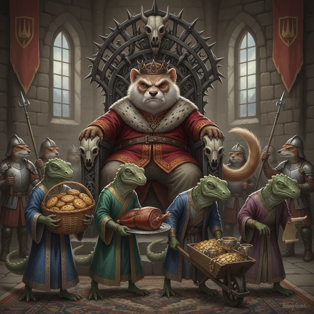 Big Weasel, the tyrannical ruler of the Levitus, slouches on his throne, his mood foul but somewhat brightened by the sight of gifts - a wearisome group of lizard traders adorned in fine silks proceed toward him through the hall with their annual tribute of biscuits, ham and gold - Big Weasel's favourites. Big Weasel's entourage looks on with stern approval.