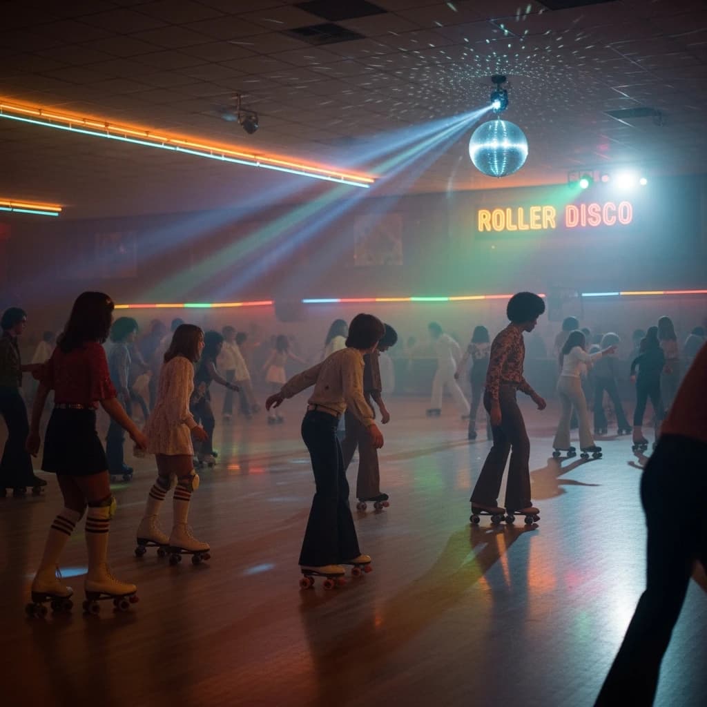 A 1970s roller rink crowd skates under neon, with a bit of fade and film grain.