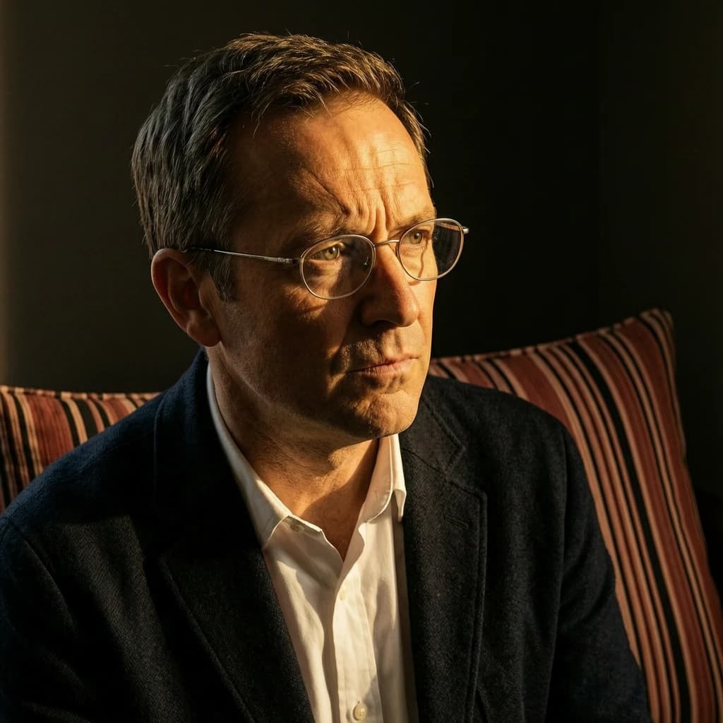 A sharply lit portrait of a middle-aged man wearing thin-rimmed glasses and a dark jacket over a white collared shirt. He gazes intently to the side, his face half illuminated by warm light while the background recedes into deep shadow. The expression is thoughtful, almost wary, as if caught mid-conversation. Behind him, a striped cushion in muted reds and blacks adds subtle texture, contrasting with the crisp highlights on his forehead and glasses. The overall mood is contemplative and cinematic, balancing warmth with tension.