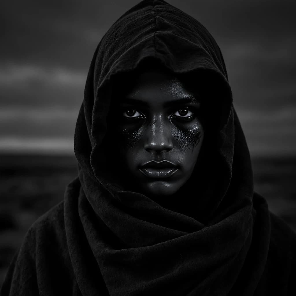 A dramatic black-and-white portrait of a young person draped in a hooded garment, their face framed by the hood's dark folds. Their skin tone and the subtle sheen on their cheeks create striking tonal contrast against the deep shadows. Their eyes are piercing, looking directly into the lens with a calm, steady intensity—neither confrontational nor submissive, but deeply present. The texture of the fabric is visible: it's dense, slightly weathered, and whisper-thin creases catch the light. In the background, an expansive, out-of-focus landscape suggests open space—perhaps distant plains or water—though the details remain soft and abstract. The overall mood is silent yet powerful, poised between vulnerability and resilience, with every highlight and shadow telling part of their story.