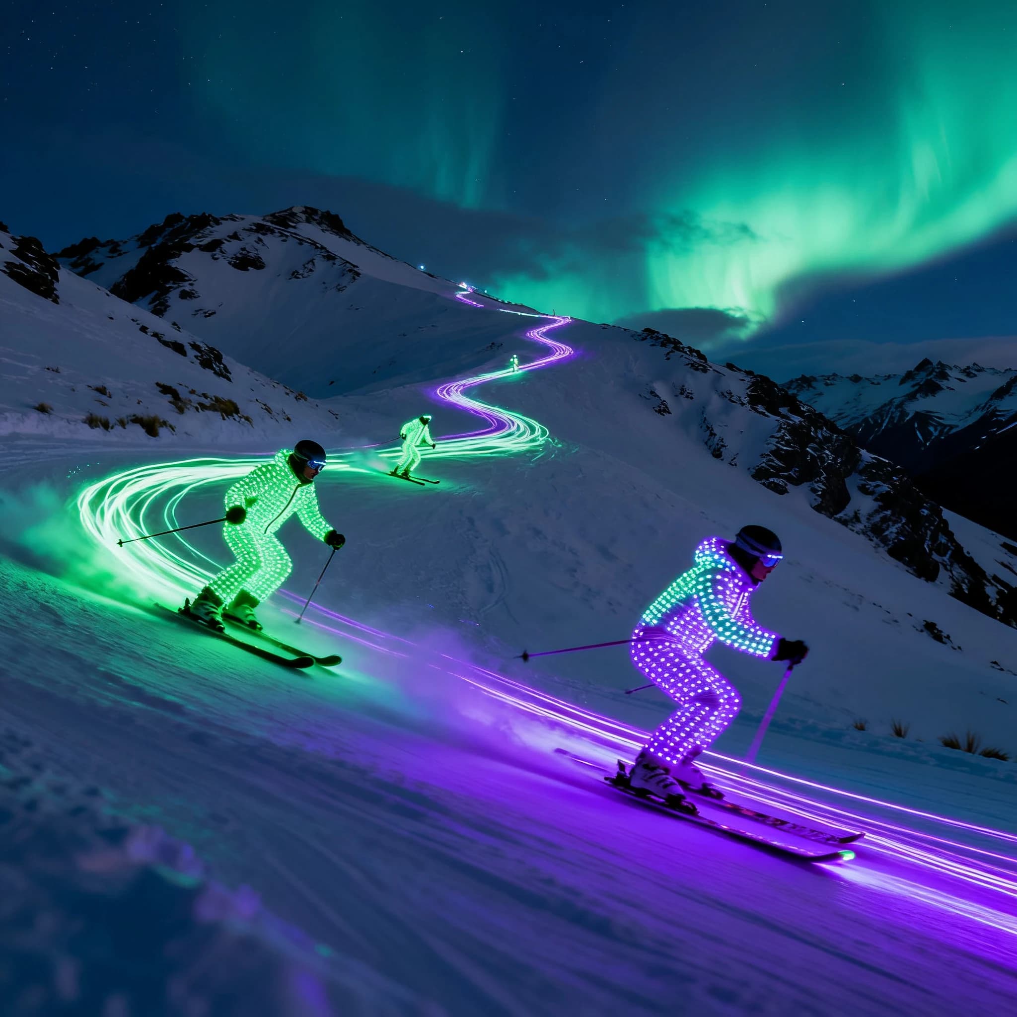 Coronet Peak Night Skiing: Skiers in colorful LED suits carve their way down the slopes of New Zealand's Coronet Peak under the Aurora Borealis, the skiers' light trails visible behind them