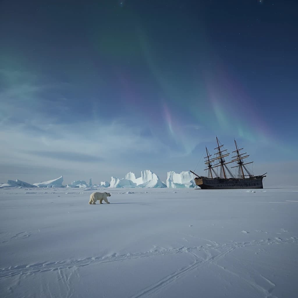 An endless tundra stretches outward, littered with jagged icebergs shaped like cathedral spires. A polar bear trudges across the foreground but leaves no tracks. Auroras ripple overhead. A half-buried shipwreck juts from the snow — sails billowing despite the still air.
