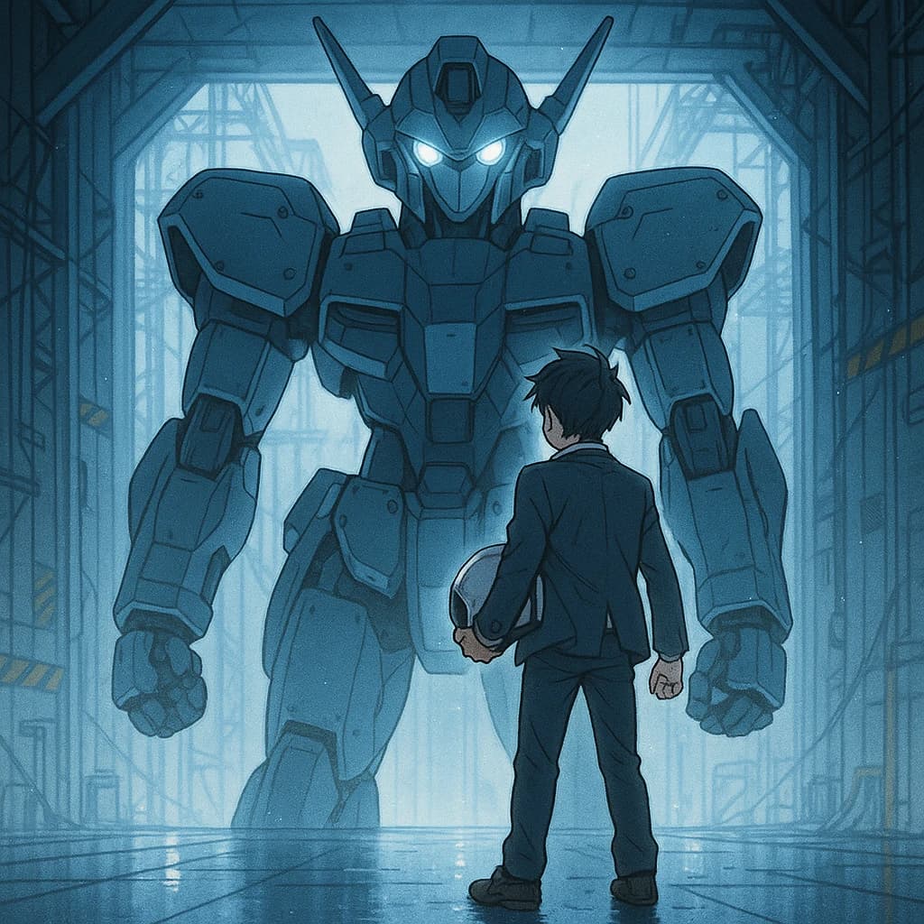 A teenage pilot grips his helmet under one arm, standing at the edge of a glowing hangar bay. Before him looms a sleek, steel-blue mech, its eyes lit with a cold electric glare. His school uniform is rumpled, a sharp contrast to the machine’s flawless plating. The vast scale engulfs him in shadow, emphasizing both awe and dread. Hand-drawn anime style.