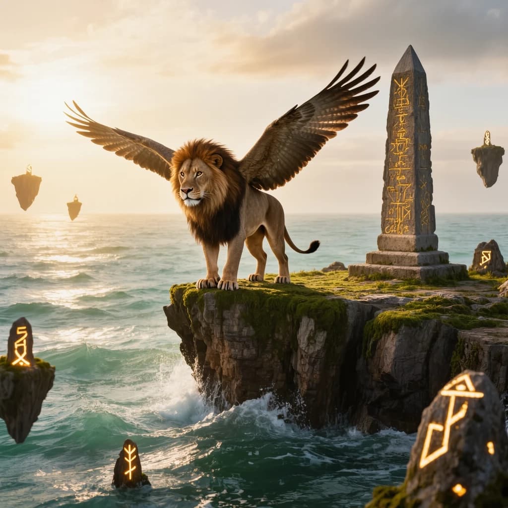 At dawn, a winged griffin lands on a mossy cliff above a jade sea beside a runed obelisk; floating isles drift under golden sunbeams, with a bit of sea spray and glowing runes.