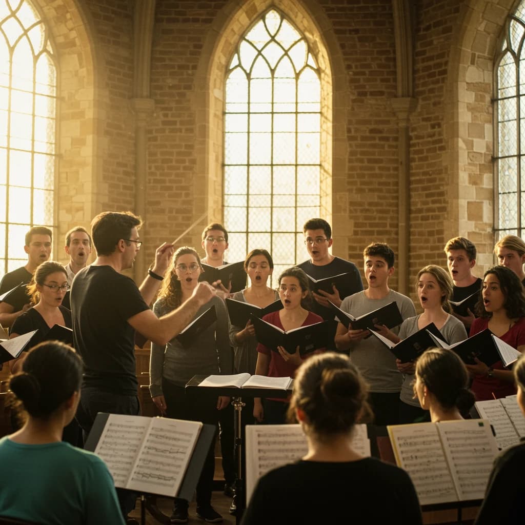 A choir rehearses in a brick hall as somewhat dramatic morning light falls through high windows, with a patient conductor mid-gesture, open scores, intent faces, slight motion blur.