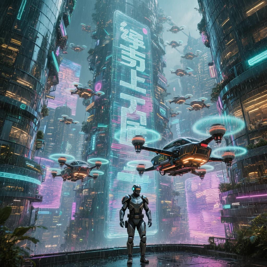 Rain-soaked neon megacity at night, flying taxis weave between glass towers, giant holograms flicker; a lone courier in a matte exosuit, somewhat cinematic wide angle.