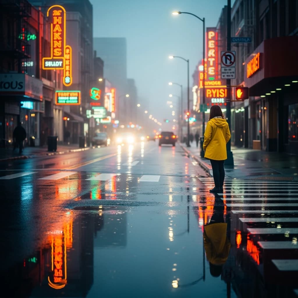 A sunlit city street after rain; puddles mirror neon signs as a woman in a yellow raincoat waits at a crosswalk, soft mist, 50mm look, natural tones, a bit of film grain.