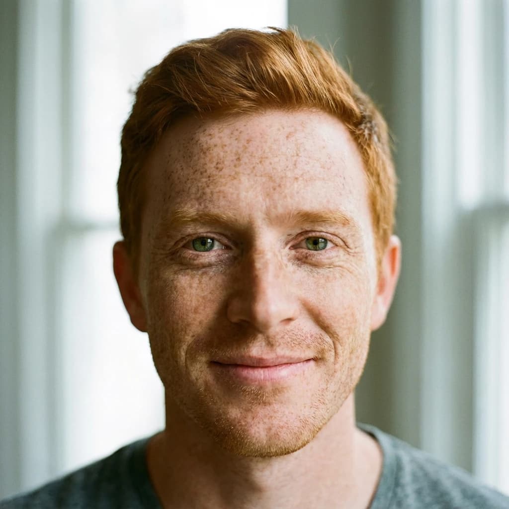 Shoot a natural light headshot of a red-haired man with freckles, green eyes.