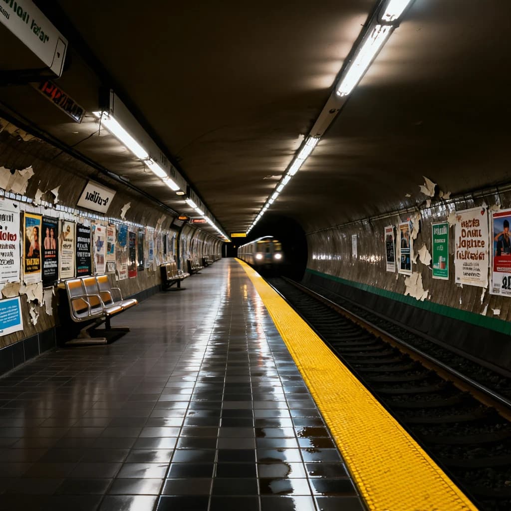 A subterranean subway platform with glossy tiles, peeling posters, flickering fluorescent lights, yellow safety line, and a distant train coming; slightly damp, echoes carry.