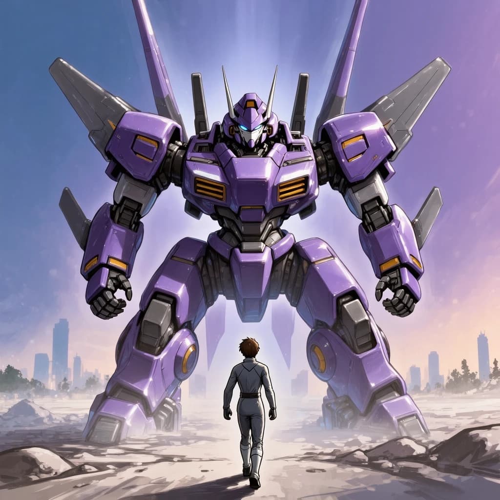Clad in his body suit up to the neck, young Masa nervously approaches the towering mech with his back facing us. He is nervous for his first time in the field. The mech's bright purple colour scheme contrasts with the grey body suit. The scale of the mech dwarfs Masa. Hand drawn style