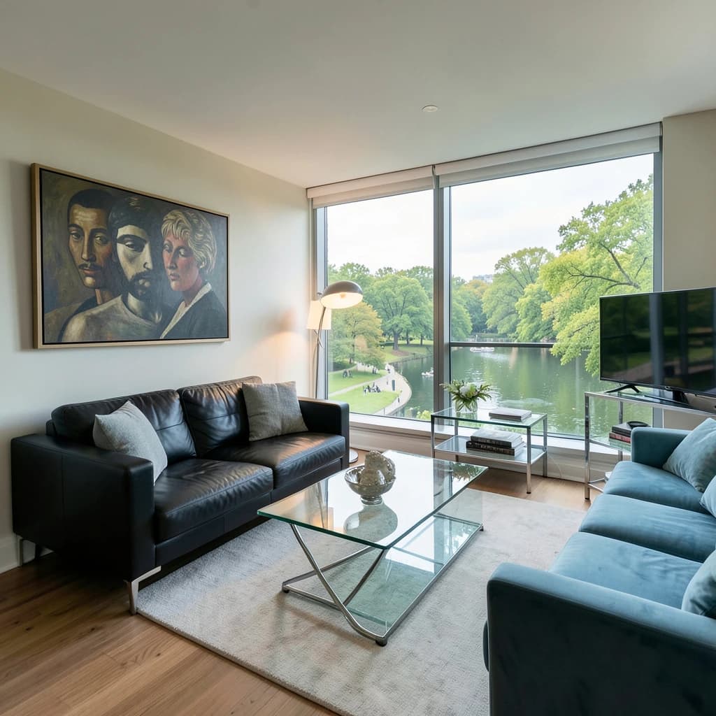 My apartment overlooks Central Park. It’s very luxurious, very expensive, and the furniture is minimal — a black leather couch, a glass coffee table with chrome legs, an Arne Jacobsen floor lamp. A big-screen television set rests on a steel shelving unit. A David Onica painting hangs above the couch. There’s a stainless steel and glass cocktail table. A powder-blue sofa. A thirty-inch digital TV.