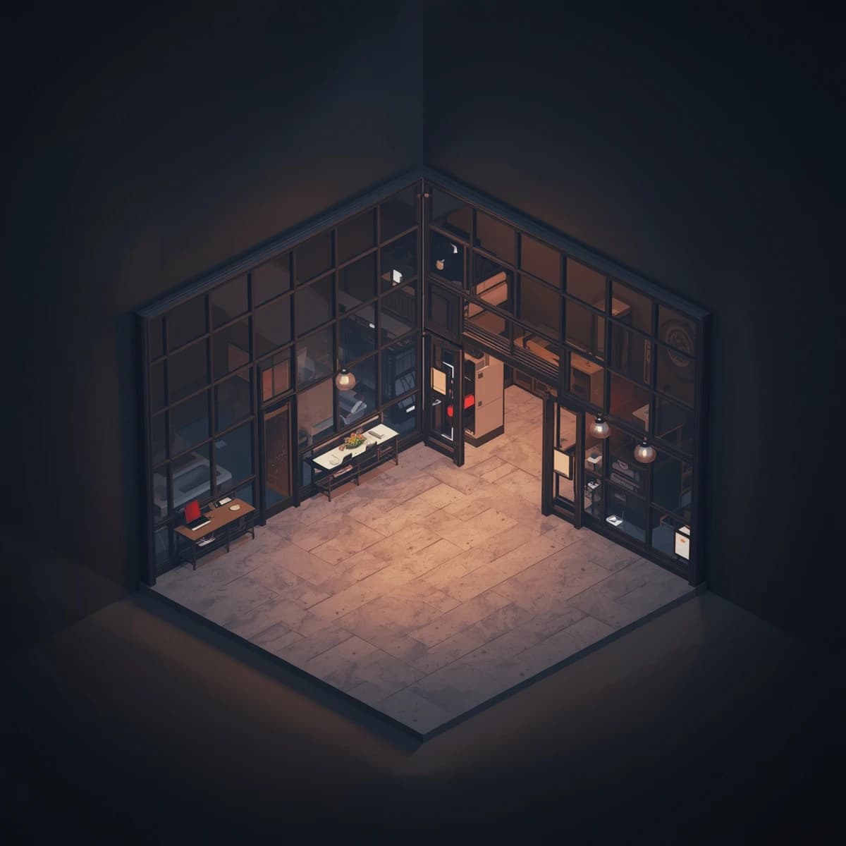Isometric 3D lobby, glass walls, warm lights, slightly moody, soft shadows.