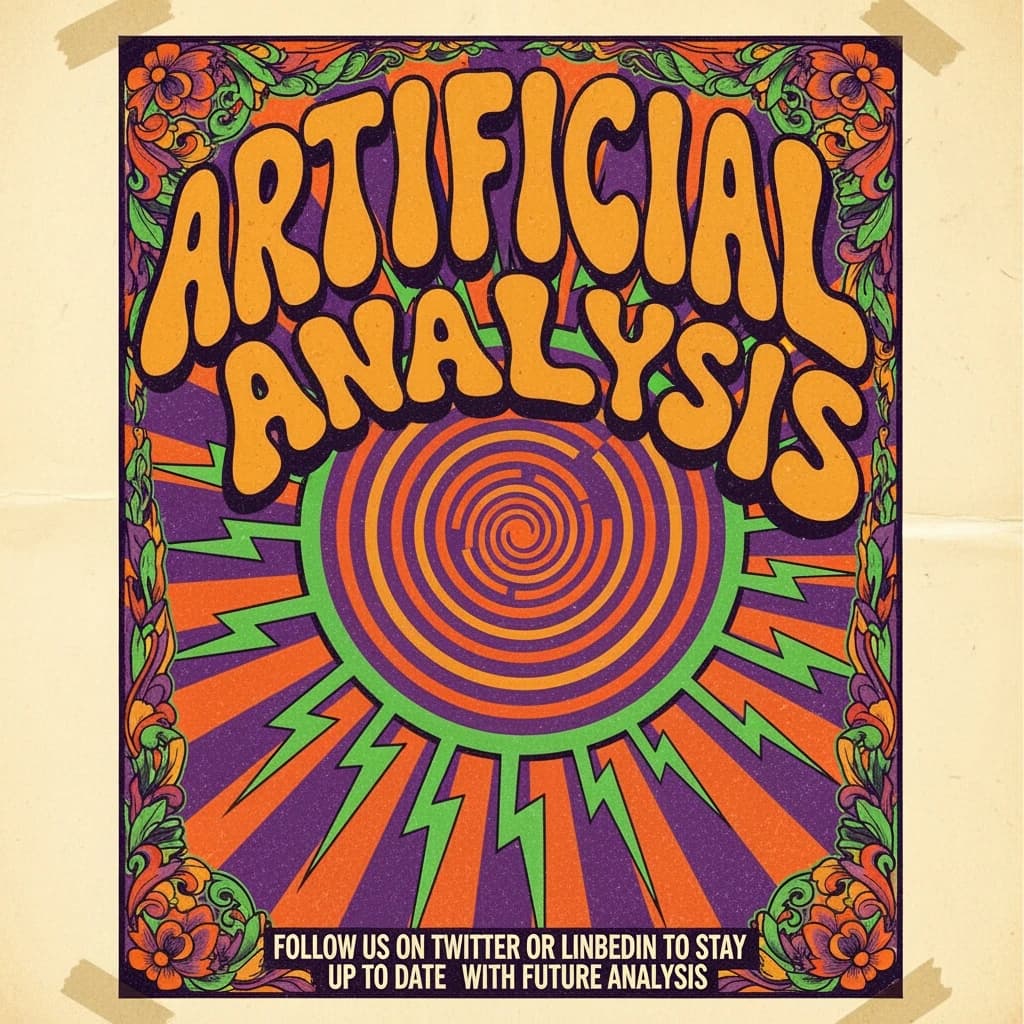 A portrait layout psychedelic concert poster from 1972 bathed in saturated oranges, deep purples, and acid greens. Swirling, hand-drawn typography arcs across the top, spelling out Artificial Analysis in bold, distorted letters that melt into spirals. Surrounded by radiating concentric circles and lightning-bolt motifs. The background is textured with halftone dots and faded paper creases, evoking a well-worn poster taped to a brick wall. Ornate floral borders frame the design, while the bottom features blocky retro lettering listing “Follow us on Twitter or LinkedIn to stay up to date with future analysis” in smaller text. 