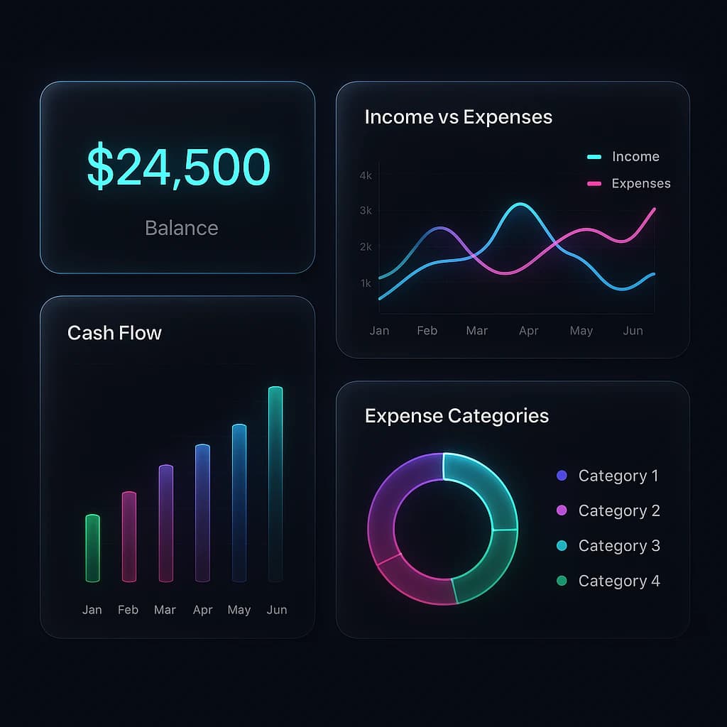 Make a dark mode finance dashboard with charts, glassmorphism, soft neon glow.