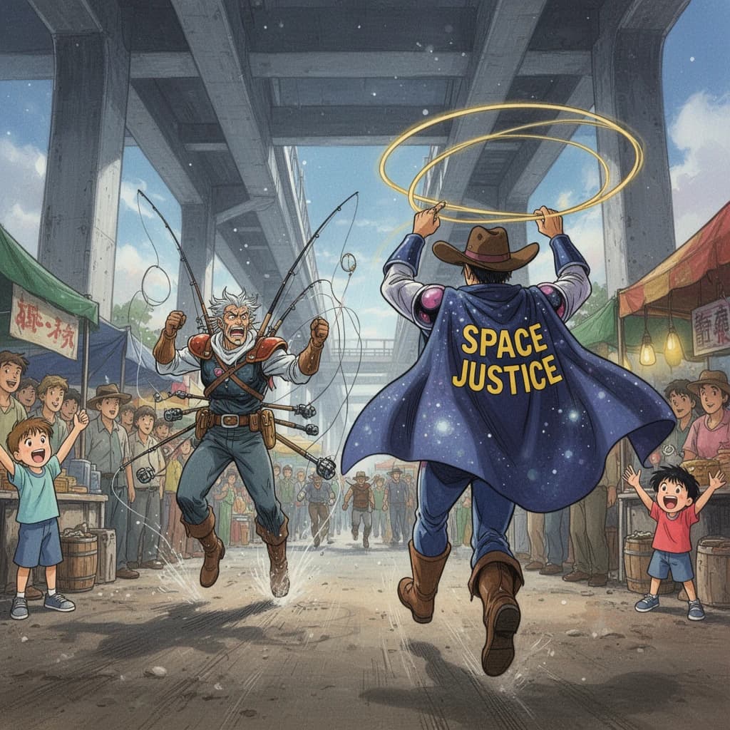 The space cowboy chases the deranged fisherman underneath the causeway, eager to collect on his bounty. Fishing rods and lines hang off the back off the fishermen as he darts between the bustling market crowd. We see the back of the space cowboy in his space poncho emblazoned with the words SPACE JUSTICE, spinning his lasso over his head. A child on the sidelines excitedly cheers the cowboy. 1990s hand drawn anime style with strong fluidity