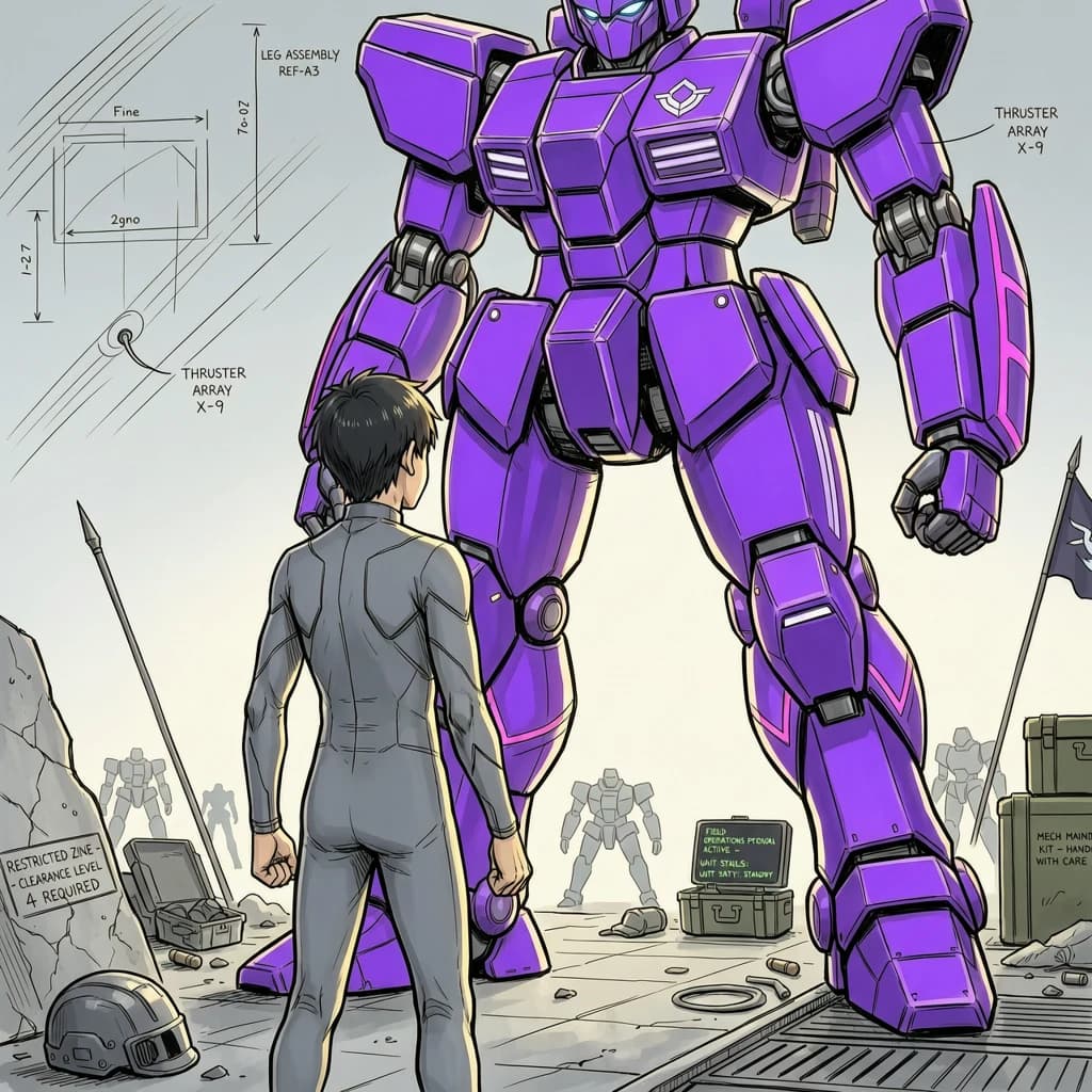 Clad in his body suit up to the neck, young Masa nervously approaches the towering mech with his back facing us. He is nervous for his first time in the field. The mech's bright purple colour scheme contrasts with the grey body suit. The scale of the mech dwarfs Masa. Hand drawn style