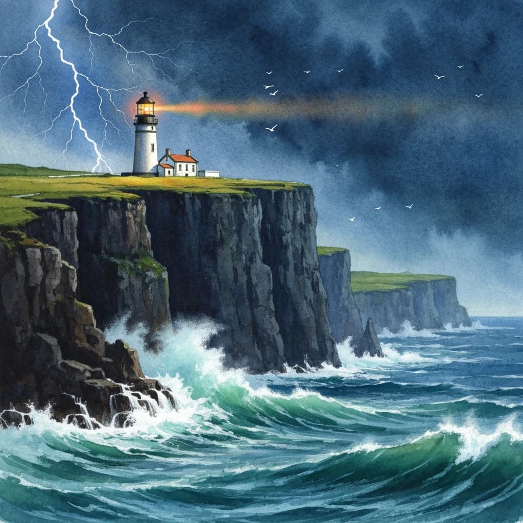 Please paint a watercolor of stormy cliffs and a lighthouse, moody sky.