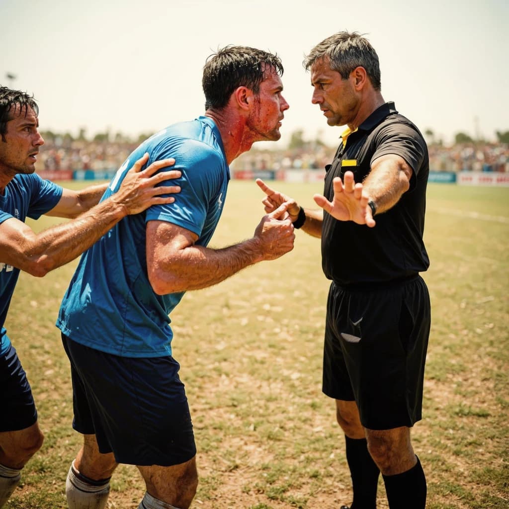 The soccer player clashes with the ref. It is thick and humid and the heat is getting to the players. His friend tries to pull him off before he causes any more trouble.