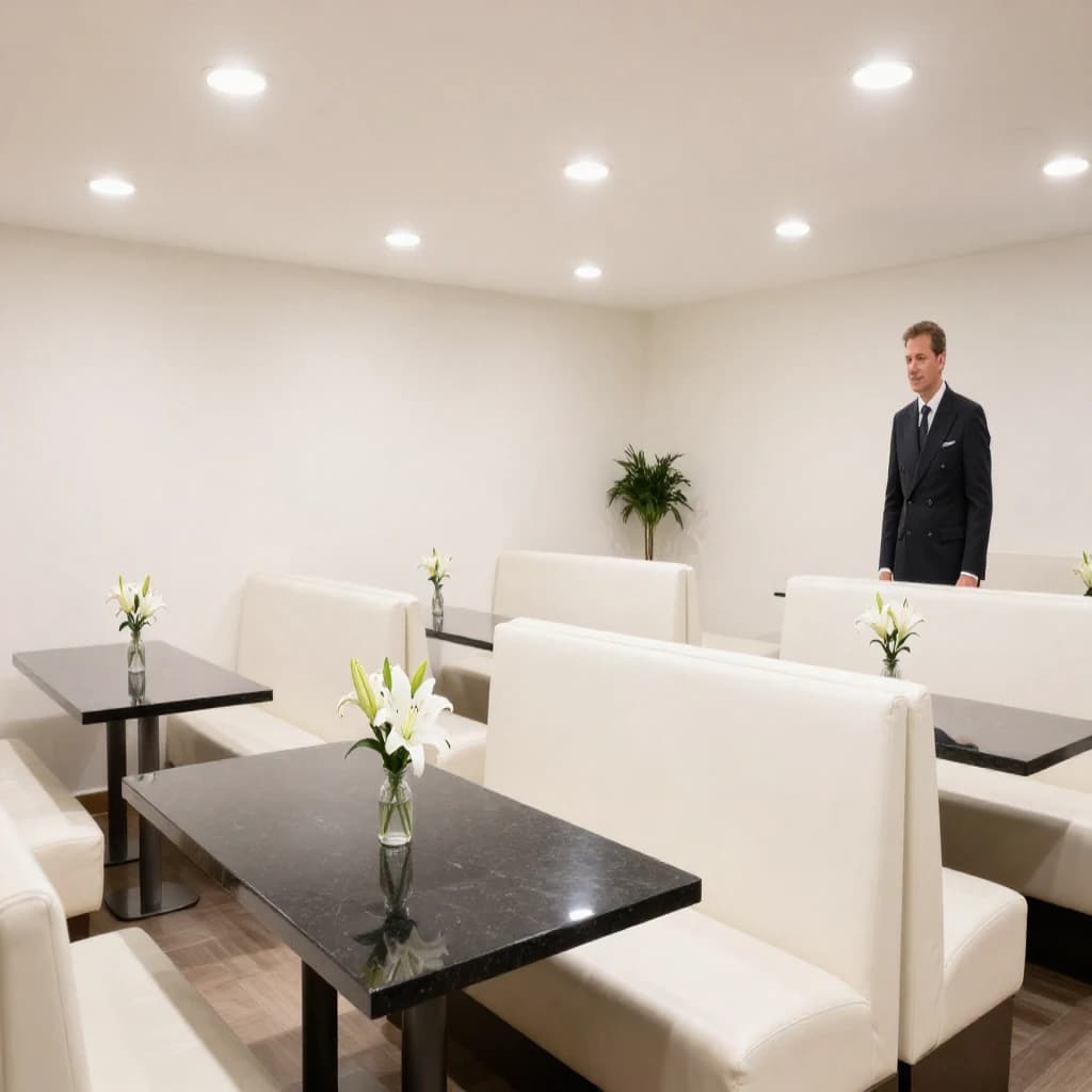 The place is almost empty. The banquettes are covered in white leather, the tables black granite, and the entire room is bathed in halogen track lighting that seems too bright. The maître d’ wears a double-breasted wool crepe jacket. There are lilies on every table.