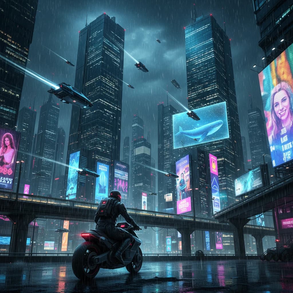 Rain-soaked neon megacity at night, flying taxis weave between glass towers, giant holograms flicker; a lone courier in a matte exosuit, somewhat cinematic wide angle.