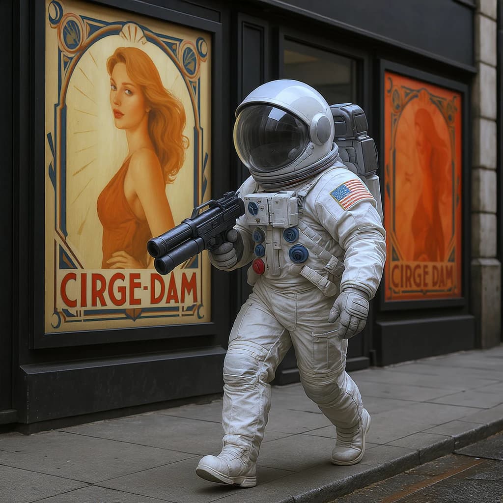 Raygun-toting astronaut in a bubble helmet strolls past art deco billboards.