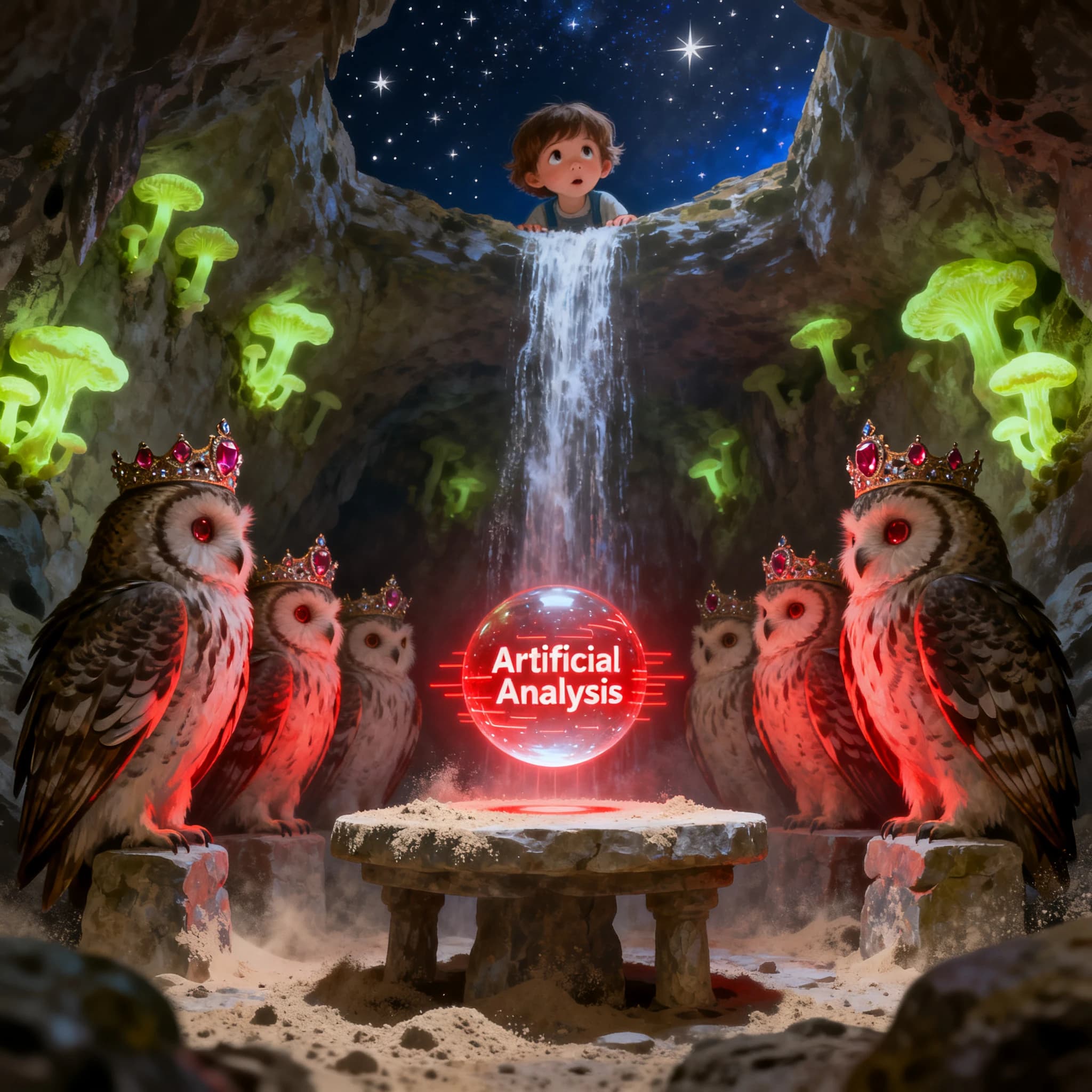 In a cavern lined with bioluminescent fungi glowing lime green, the council of owls wear jeweled crowns that glimmer with rubies, their wings folded behind their backs. Dust coats the stone table, a glowing orb inscribed with “Artificial Analysis” hovers above the table illuminating the owls with its red pulsating light. Behind them, a waterfall falls upward into a ceiling that opens onto stars - a child looks down in wonder from above at what he has stumbled across.