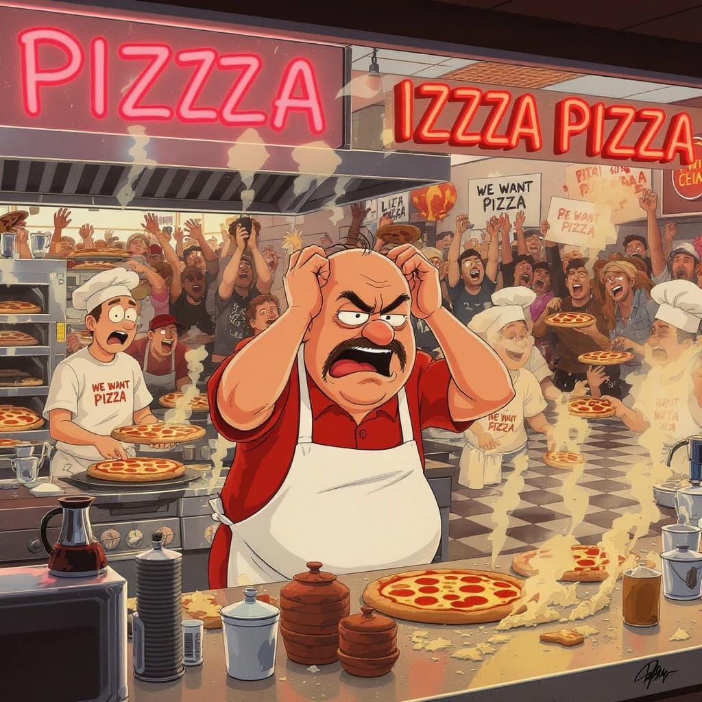 Pasquale is pulling his few remaining hairs out over a disaster at the pizzeria - the cooks are working as fast as they can but the crowds outside are swelling and they demand hot hot pizza! They are banging on the glass and some are wearing "we want pizza" shirts. 1980s western TV animation style.