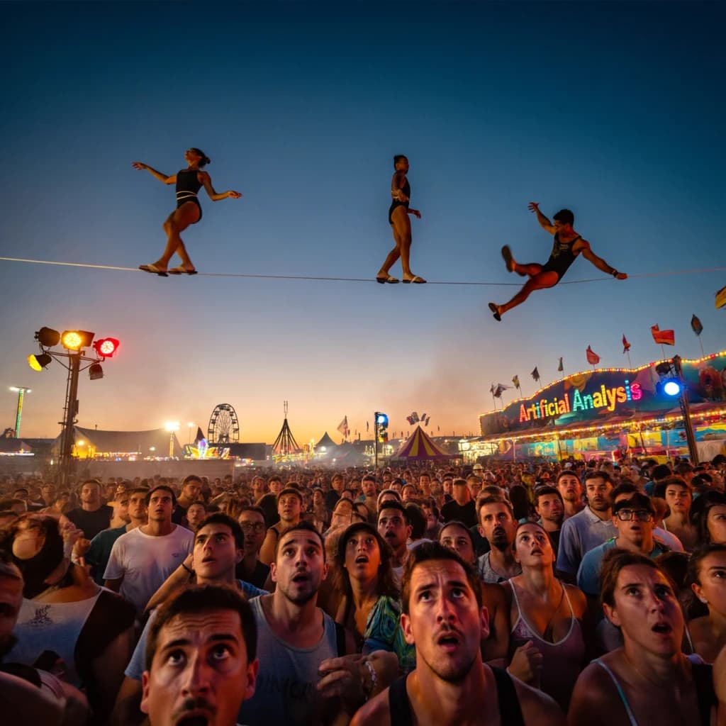 At dusk, high above a carnival crowd, three tightrope walkers balance on a single rope with no aids, one is off balance and grabbing at air. Below, the audience looks upward with baited anticipation. Artificial Analysis is spelled out in the background in carnival lights