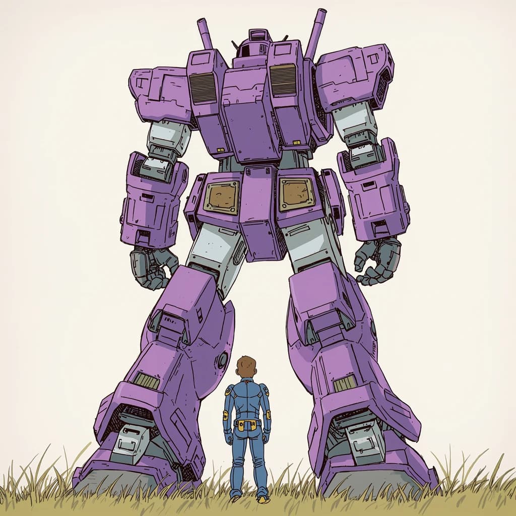 Clad in his body suit up to the neck, young Masa nervously approaches the towering mech with his back facing us. He is nervous for his first time in the field. The mech's bright purple colour scheme contrasts with the grey body suit. The scale of the mech dwarfs Masa. Hand drawn style