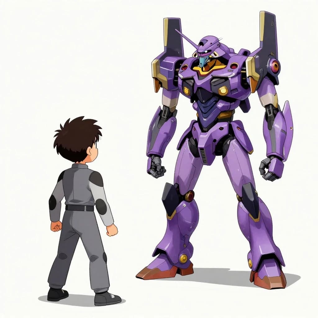 Clad in his body suit up to the neck, young Masa nervously approaches the towering mech with his back facing us. He is nervous for his first time in the field. The mech's bright purple colour scheme contrasts with the grey body suit. The scale of the mech dwarfs Masa. Hand drawn style