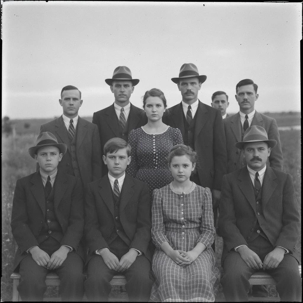 Everybody holds still and nobody smiles for the family portrait. It's 1928 in Kansas