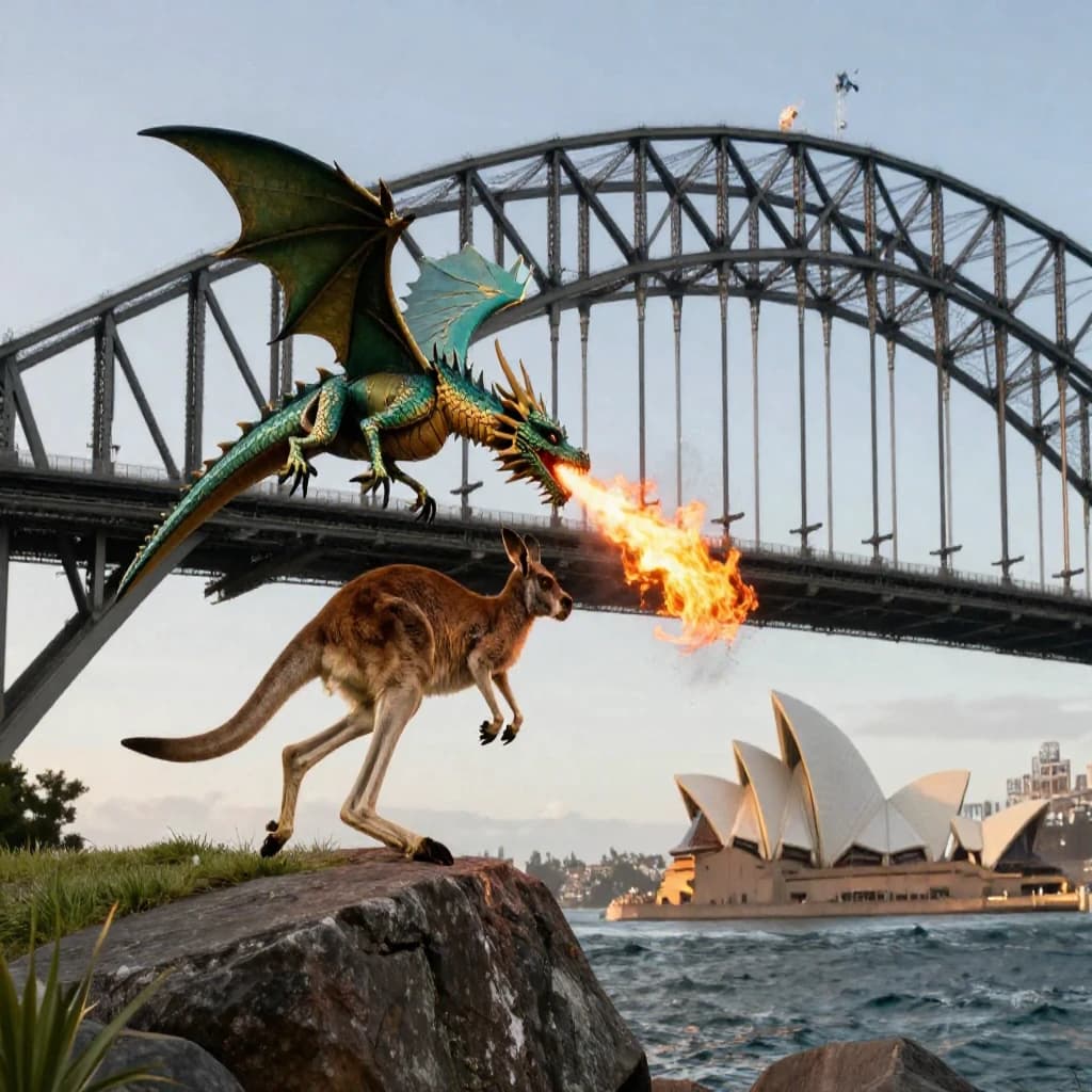 A dragon breathes fire at a kangaroo that is running away by climbing over the top of the Sydney Harbour Bridge. Opera House visible in the background.