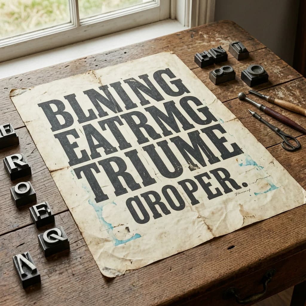 A vintage letterpress poster on a wooden desk: bold slab serif headline, tight kerning, misregistered ink, slightly worn edges, scattered metal type, soft window light.