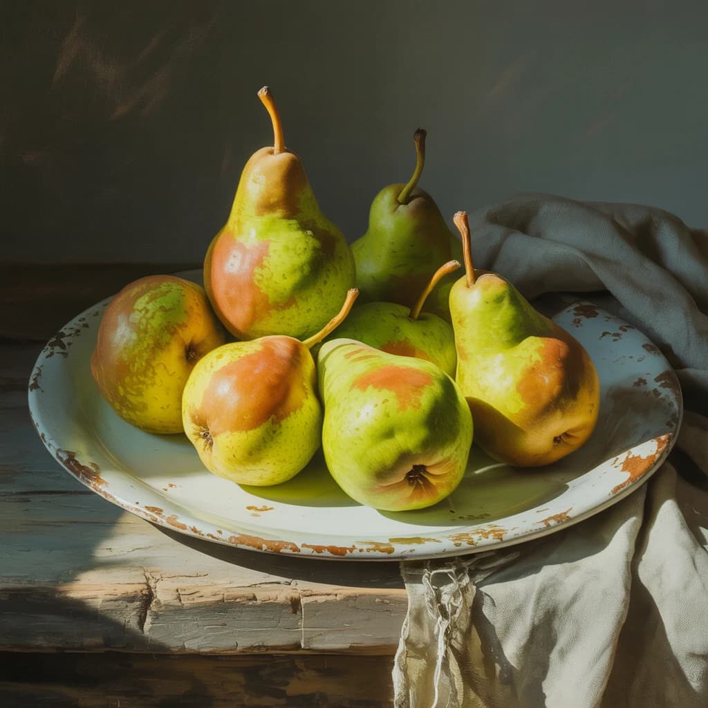 A gouache still life of pears on a chipped plate.