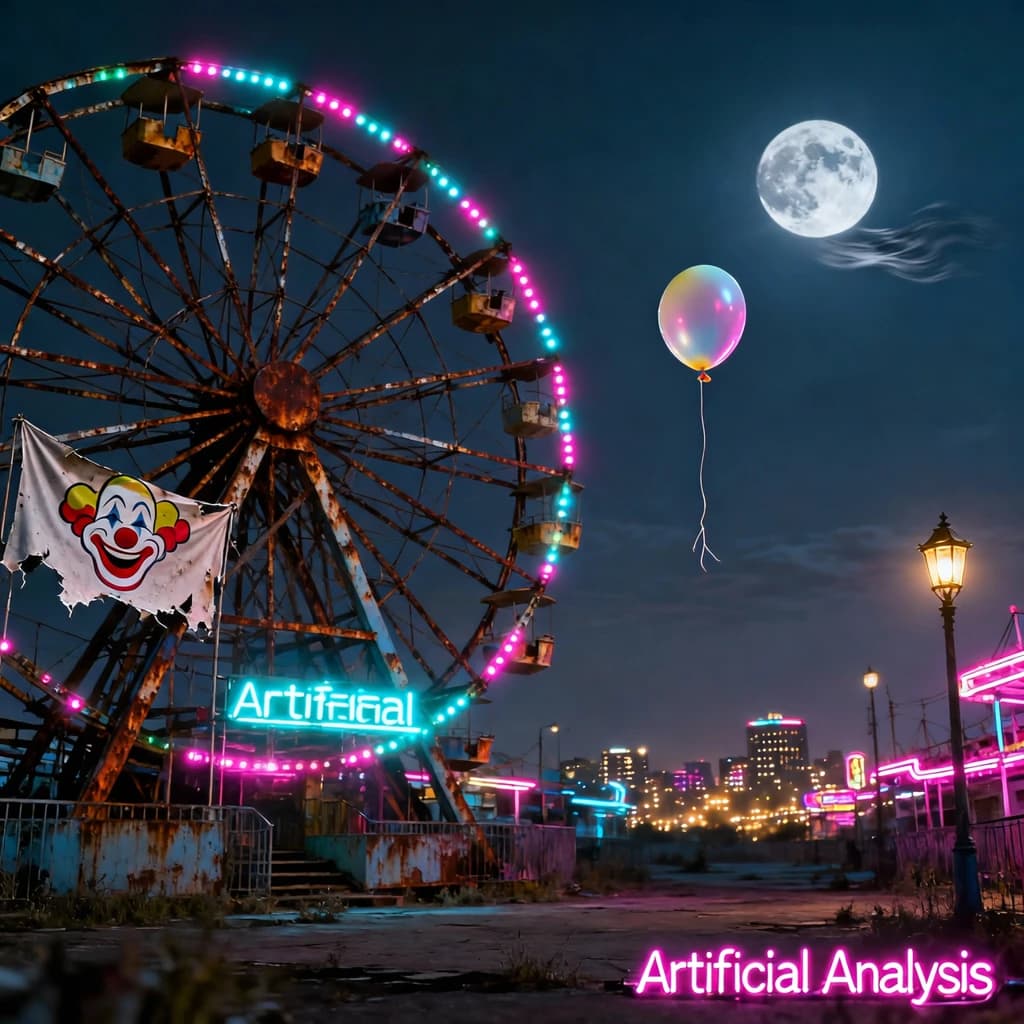 A deserted amusement park glows faintly under a half-moon. The ferris wheel is rusting yet strung with fresh, blinking LED lights. A torn clown banner flaps in a windless air. A lone balloon floats upward, tethered to nothing, while in the far distance city lights flicker on - some neon, some gas lamps as though from another century. 'Artificial Analysis' glows in neon