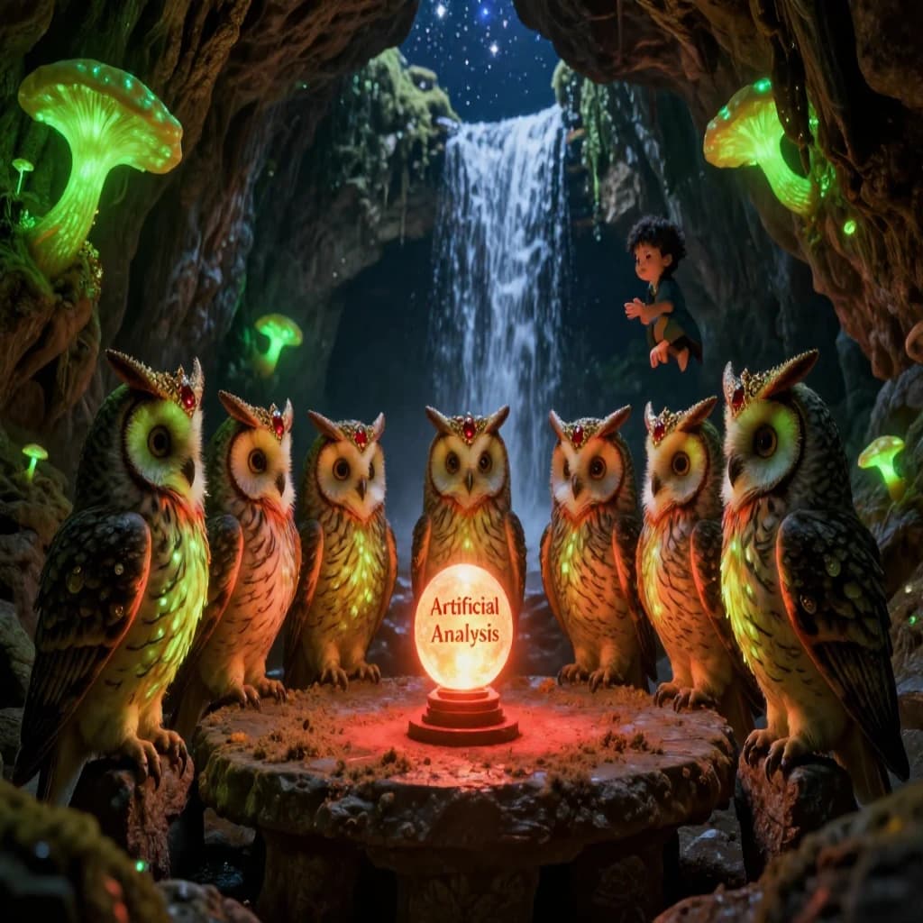 In a cavern lined with bioluminescent fungi glowing lime green, the council of owls wear jeweled crowns that glimmer with rubies, their wings folded behind their backs. Dust coats the stone table, a glowing orb inscribed with “Artificial Analysis” hovers above the table illuminating the owls with its red pulsating light. Behind them, a waterfall falls upward into a ceiling that opens onto stars - a child looks down in wonder from above at what he has stumbled across.